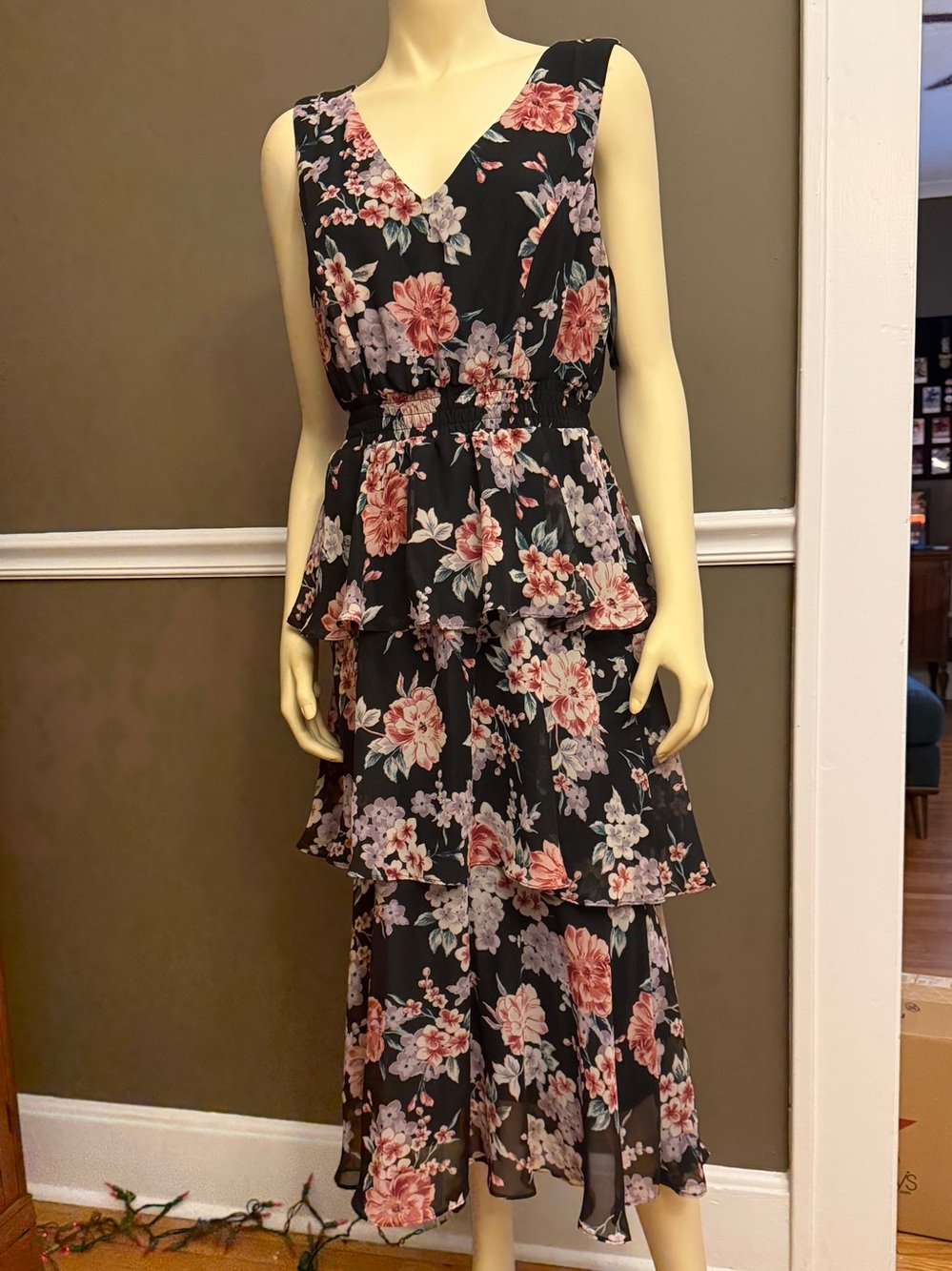 Floral Tiered skirt V-Neck Midi Dress - Black with Pink/Lavender Floral